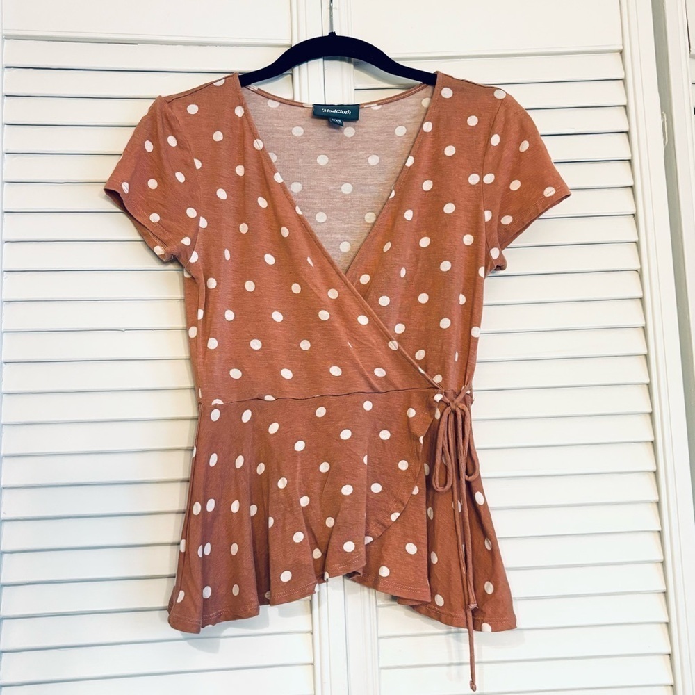 ModCloth Pink and White Polkadot Faux Wrap Top Blouse Shirt Size XXS